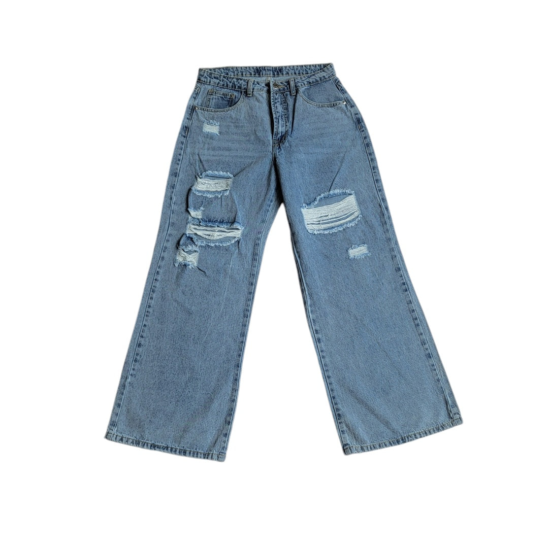 Jean mujer Dahla azul con rotos tiro medio wide leg talla 8