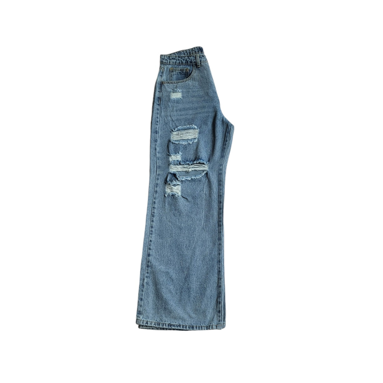 Jean mujer Dahla azul con rotos tiro medio wide leg talla 8