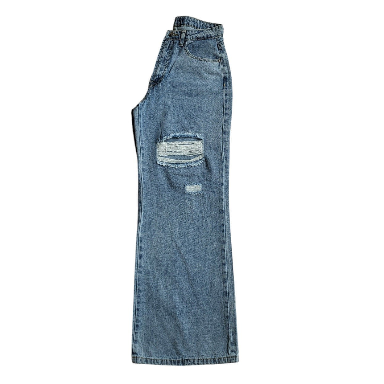 Jean mujer Dahla azul con rotos tiro medio wide leg talla 8