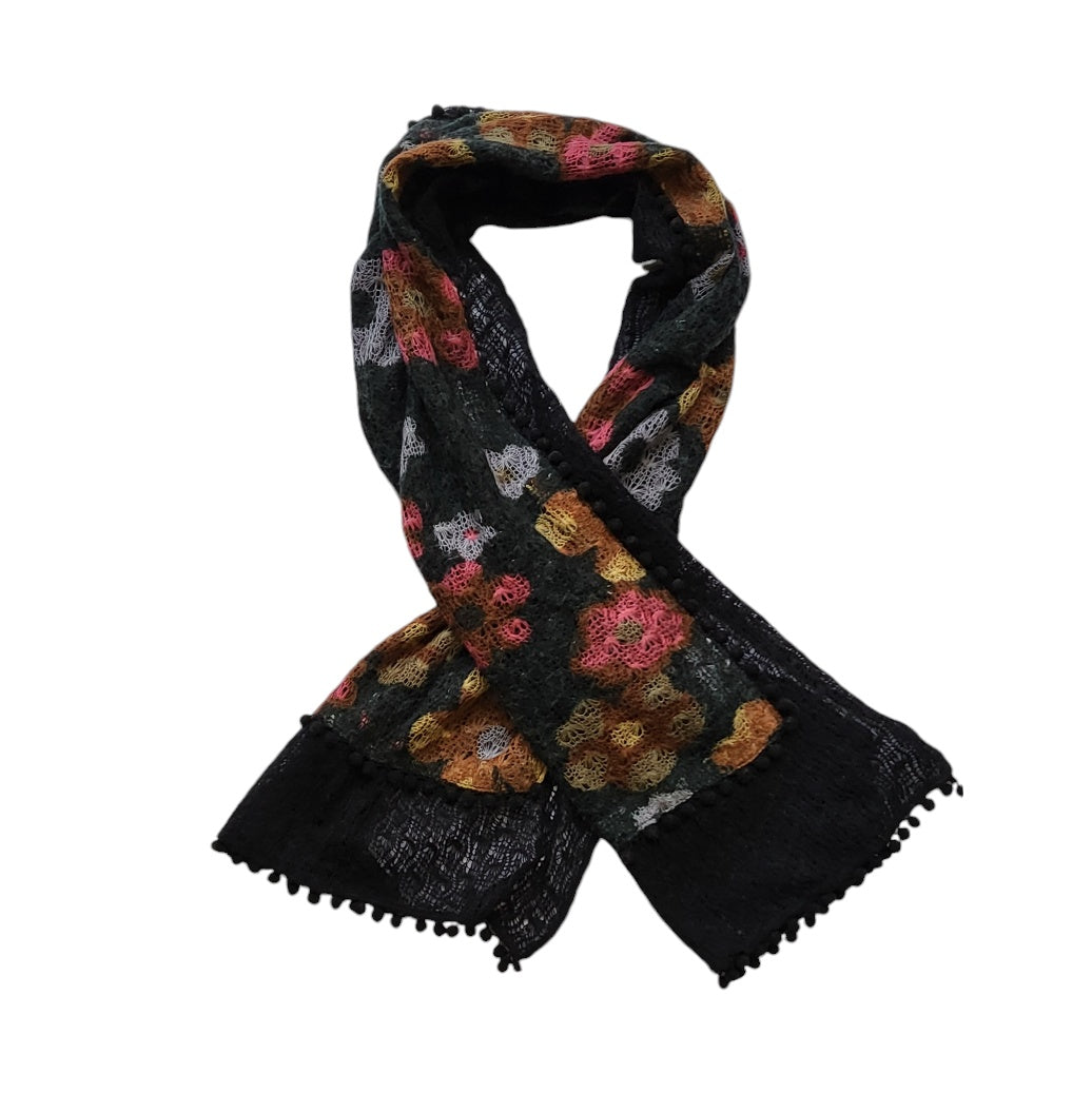 Ruana - Chal - poncho mujer negro tejido con flores y borlas talla Unica