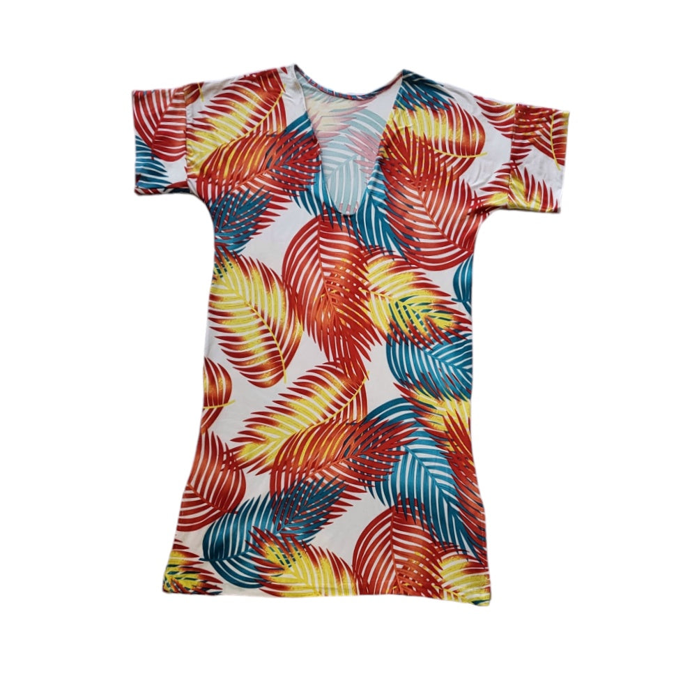 Salida de baño mujer blanco Print de hojas naranjas y azules talla L
