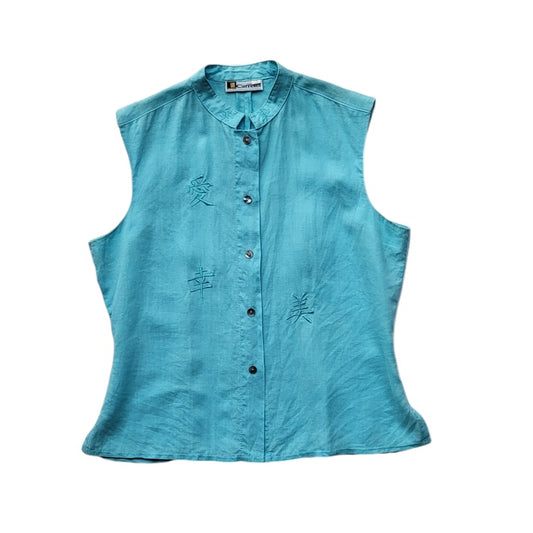 Blusa mujer Carretel  Azul  con letras chinas bordadas talla 10