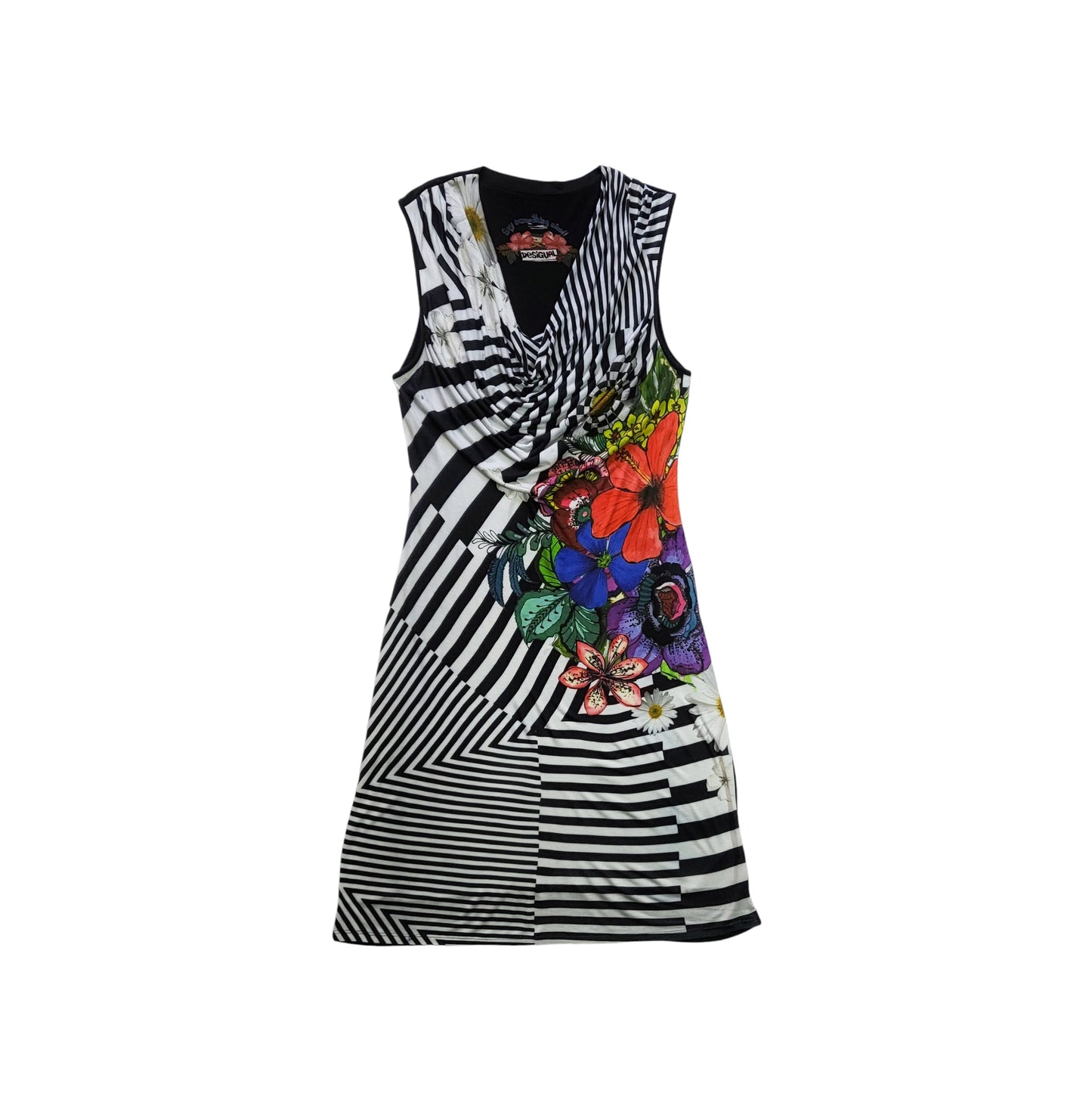 Vestido mujer Desigual blanco y negro con rayas y flores talla XL