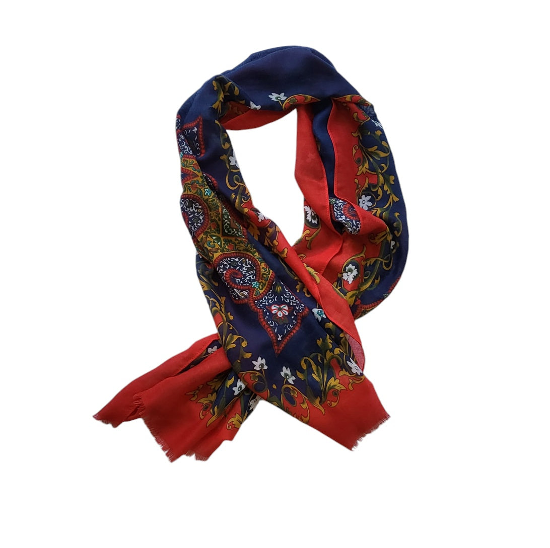 Pashmina mujer Koaj azul y rojo con flores y geometrías