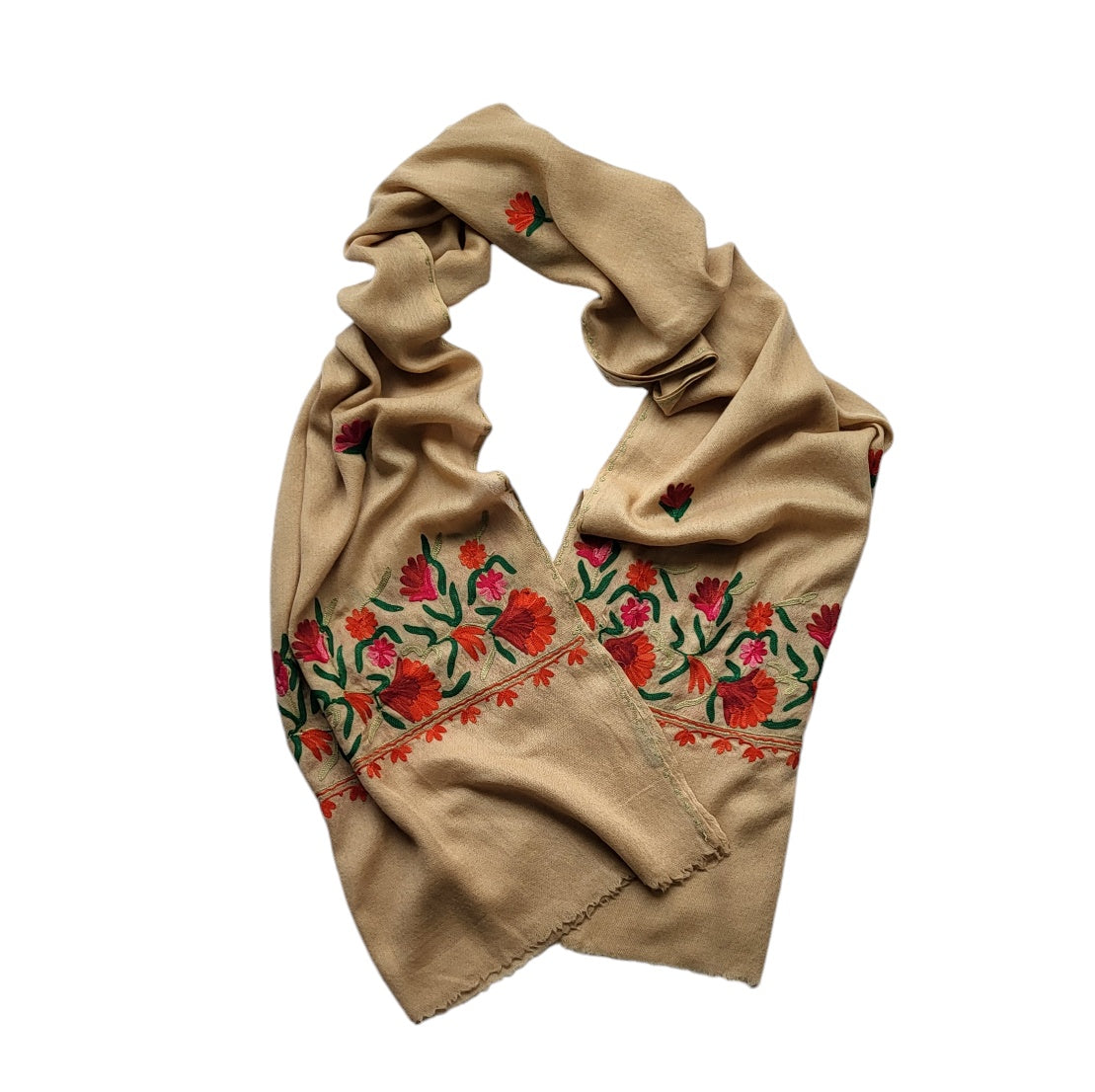 Pashmina mujer R.K. Art Palace beige con flores bordadas Hecho en India