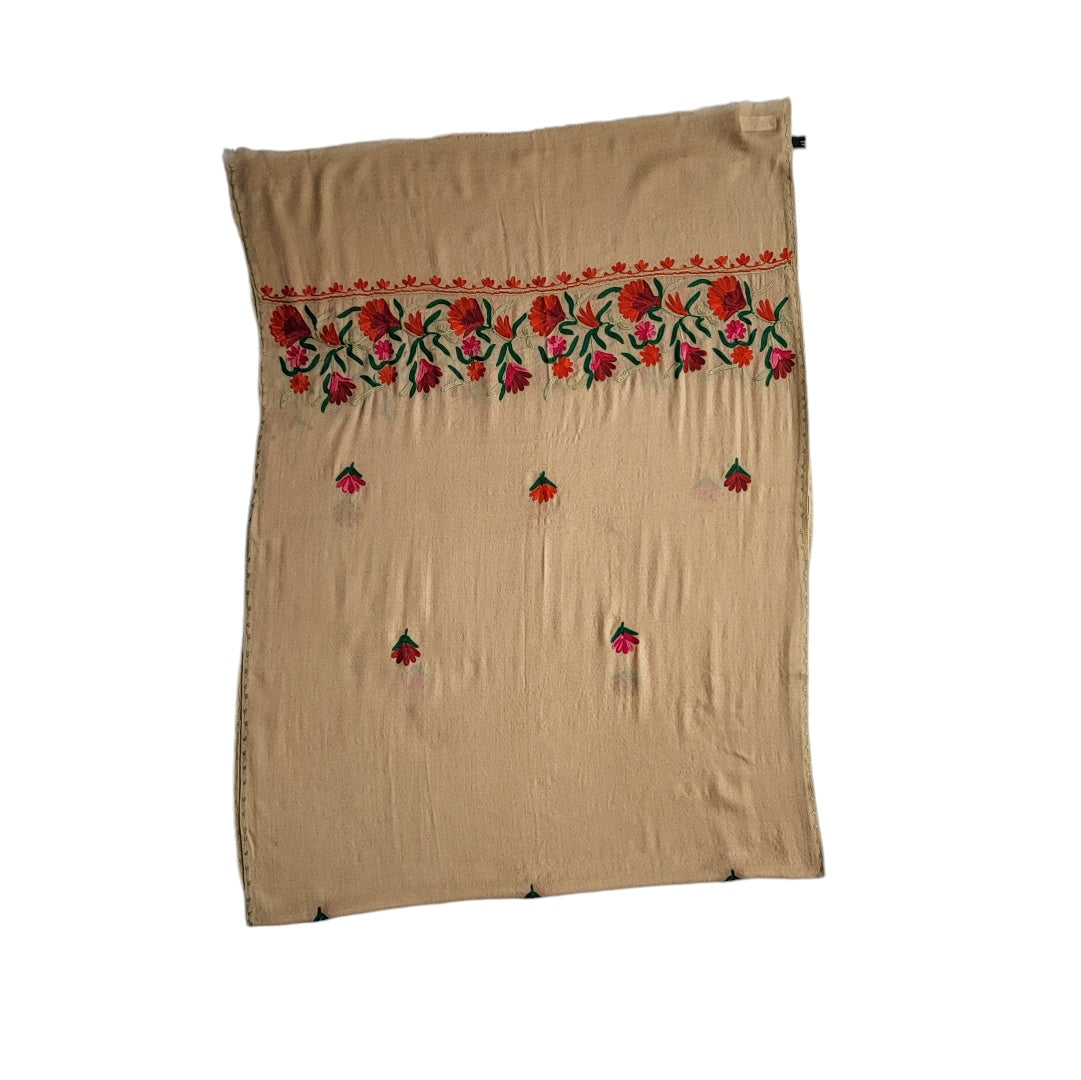 Pashmina mujer R.K. Art Palace beige con flores bordadas Hecho en India